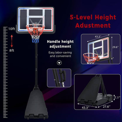 8 Ft. to 10 Ft. Black Metal Portable Basketball Hoop Height Adjustment with LED Lights
