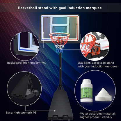 8 Ft. to 10 Ft. Black Metal Portable Basketball Hoop Height Adjustment with LED Lights
