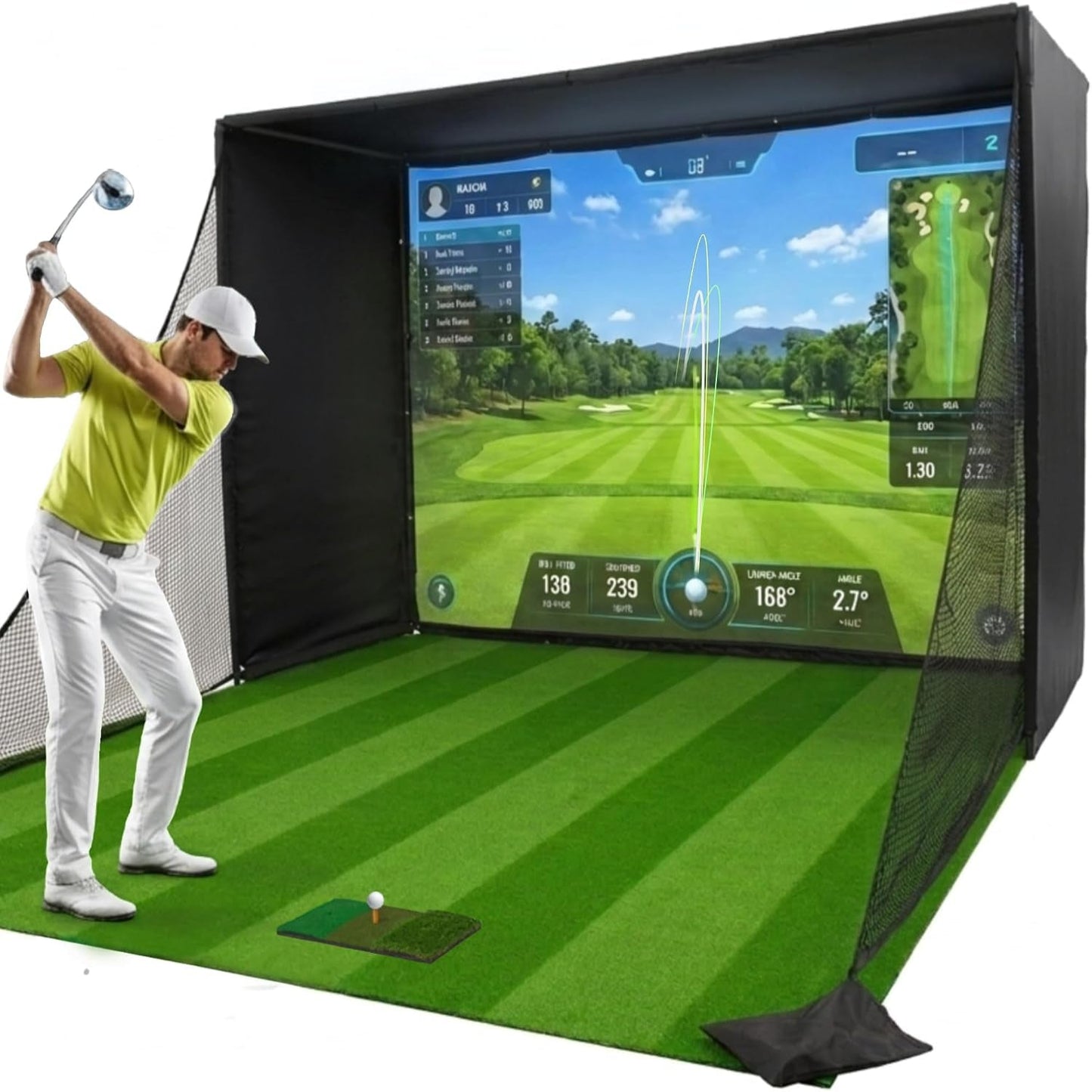 Golf Simulator Enclosure 10.7X8X5Ft & 8.5X8.5X5Ft | Light-Proof HD/4K Silent Impact Screen, Indoor/Outdoor Golf Simulators for Home Includes Mat, Foam-Padded Iron Poles, Shank Net, Sandbag & Bonus Kit