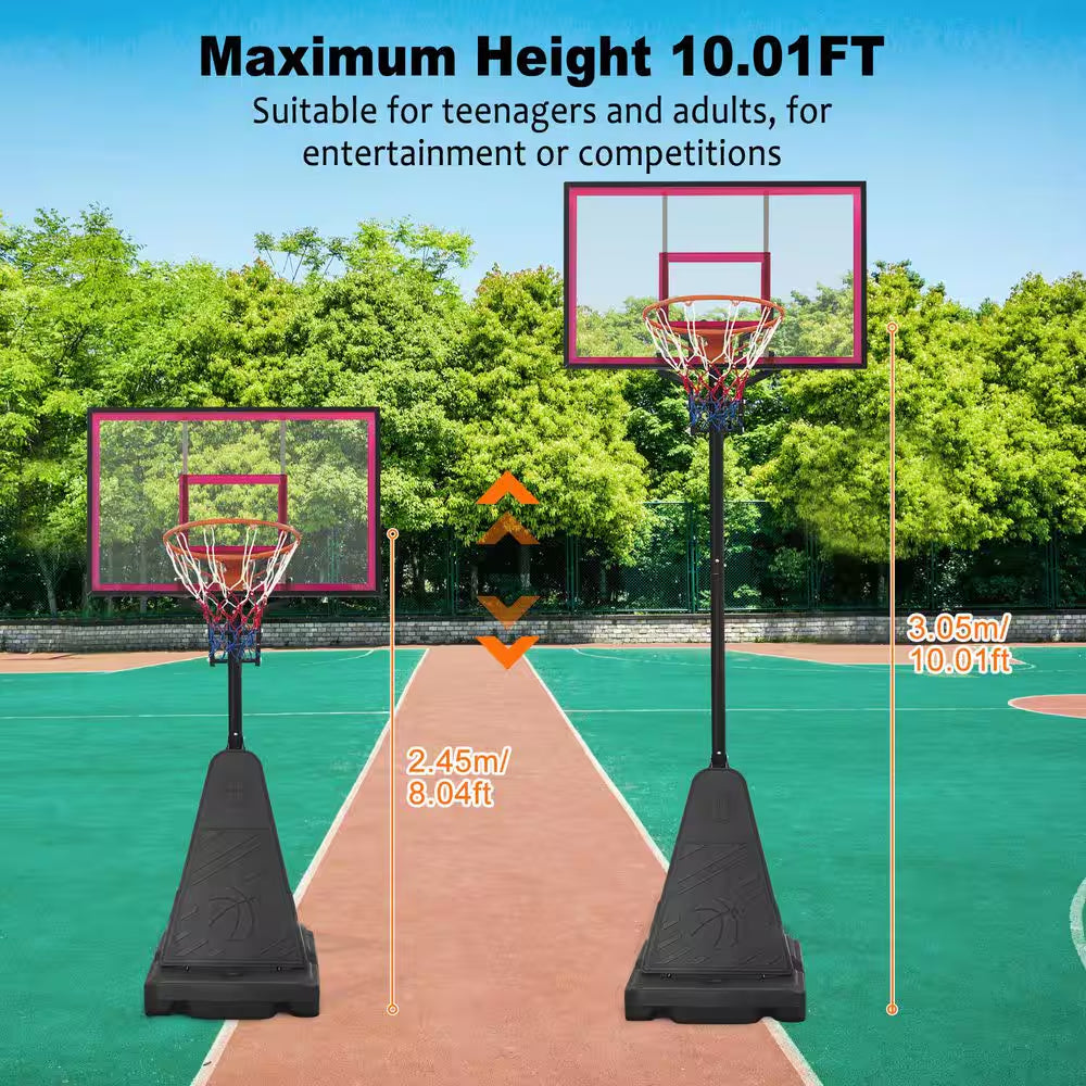 8-10 Ft. Adjustable Height Portable Basketball Hoop Basketball System with Red Backboard, Basketball Hoop and Wheels