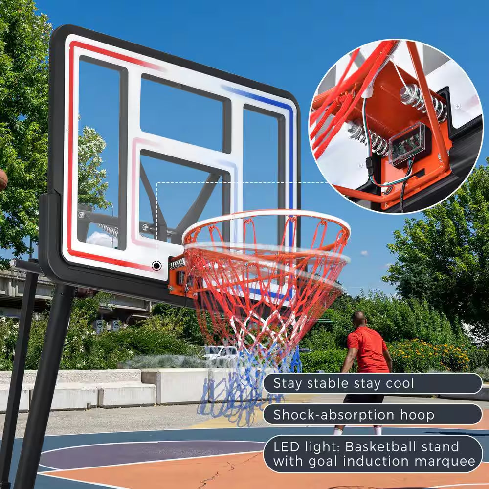 8 Ft. to 10 Ft. Black Metal Portable Basketball Hoop Height Adjustment with LED Lights